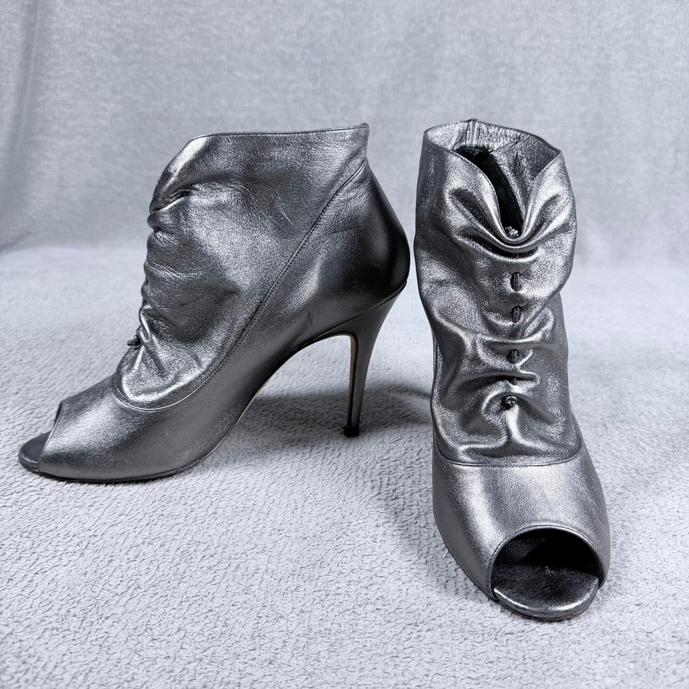 Manolo Blahnik Womens 38.5 Silver Metallic Leather Peep Toe Ruched Booties